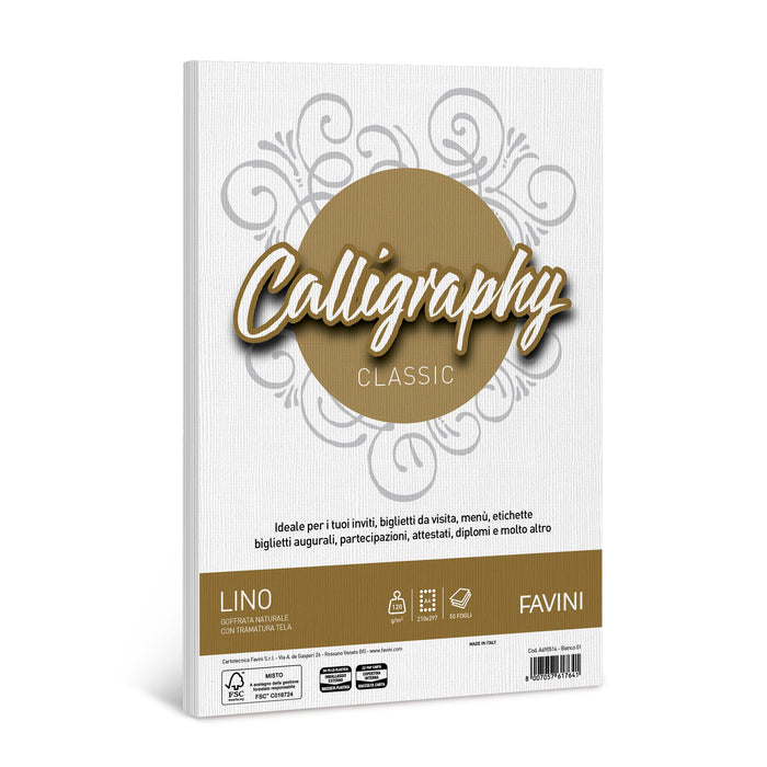Favini A690514 Calligraphy Lino colore Bianco 120 gr/m2 formato A4 21x29,7 cm 50 fogli ideali per Inviti Partecipazioni Diplomi Menù Made in Italy