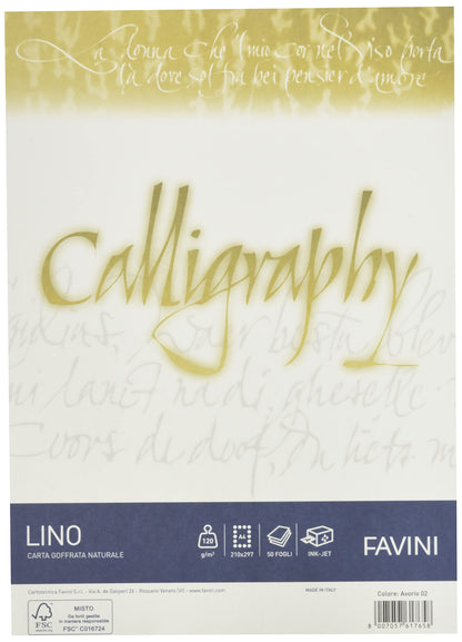 Favini A69Q514 Calligraphy Lino colore Avorio 120 gr/m2 formato A4 21x29,7 cm 50 fogli ideali per Inviti Partecipazioni Diplomi Menù Made in Italy