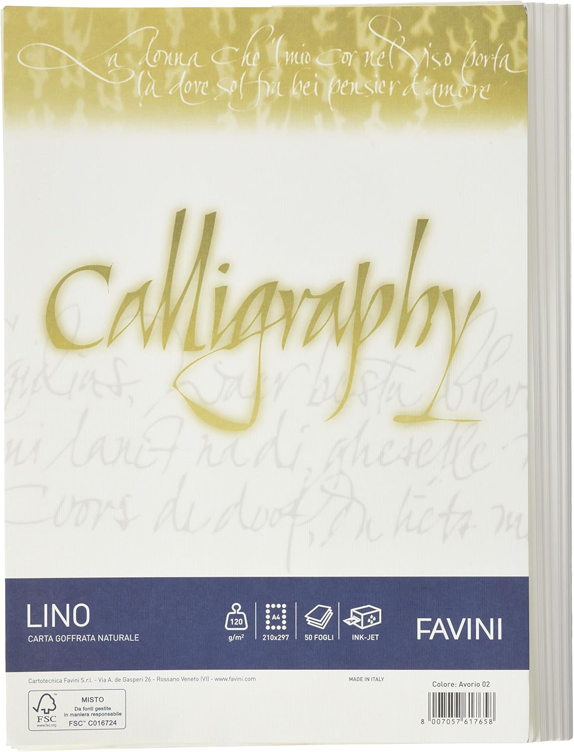 Favini A69Q514 Calligraphy Lino colore Avorio 120 gr/m2 formato A4 21x29,7 cm 50 fogli ideali per Inviti Partecipazioni Diplomi Menù Made in Italy