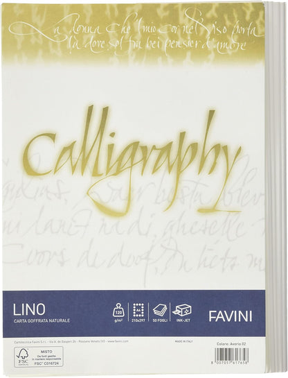 Favini A69Q514 Calligraphy Lino colore Avorio 120 gr/m2 formato A4 21x29,7 cm 50 fogli ideali per Inviti Partecipazioni Diplomi Menù Made in Italy
