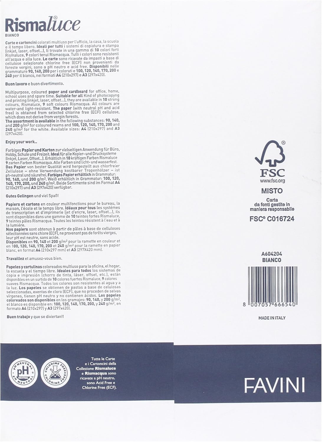 Favini A604204 Rismaluce colore BIANCO Risma di carta da 120gr 250 fogli Formato A4 (21x29,7 cm) Made in Italy
