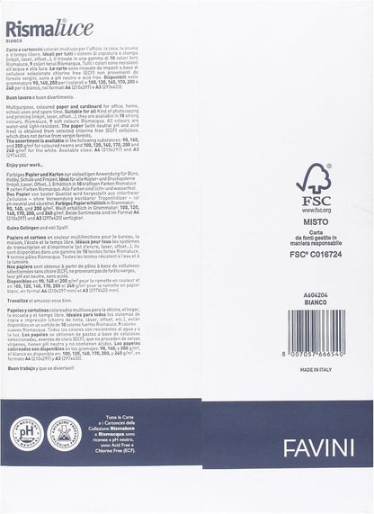 Favini A604204 Rismaluce colore BIANCO Risma di carta da 120gr 250 fogli Formato A4 (21x29,7 cm) Made in Italy