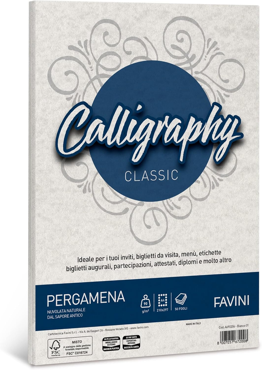 Favini CF50 FOGLI PERGAMENA A4 90G BIANCO Carta & 867197 Pergamena Liscio, 50 Pezzi