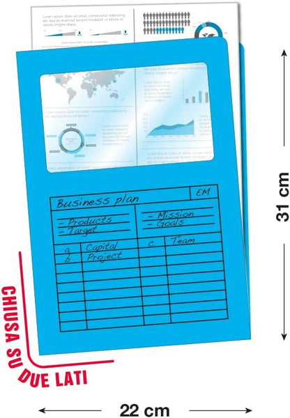 Blasetti Cartelline Portadocumenti con Finestra - Sintex AZZURRA raccoglitore documenti per ufficio, Formato A4, Colore Azzurro, Confezione 50 pezzi, Carta 120gr, Aperta su due lati