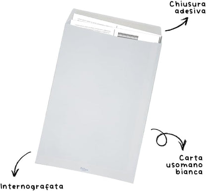 Blasetti 100 Buste a Sacco Bianche, Formato 19 x 26 cm, Carta da 80 gr con Internografia. Buste da Lettera Commerciali con Strip Adesivo, Ideali per Spedire Documenti Senza Piegature