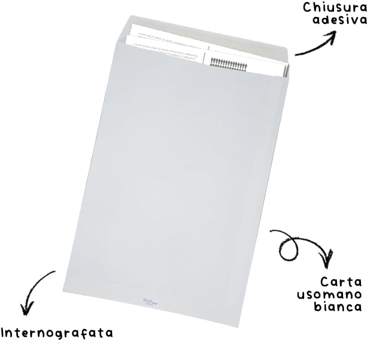 Blasetti 100 Buste a Sacco Bianche, Formato 19 x 26 cm, Carta da 80 gr con Internografia. Buste da Lettera Commerciali con Strip Adesivo, Ideali per Spedire Documenti Senza Piegature
