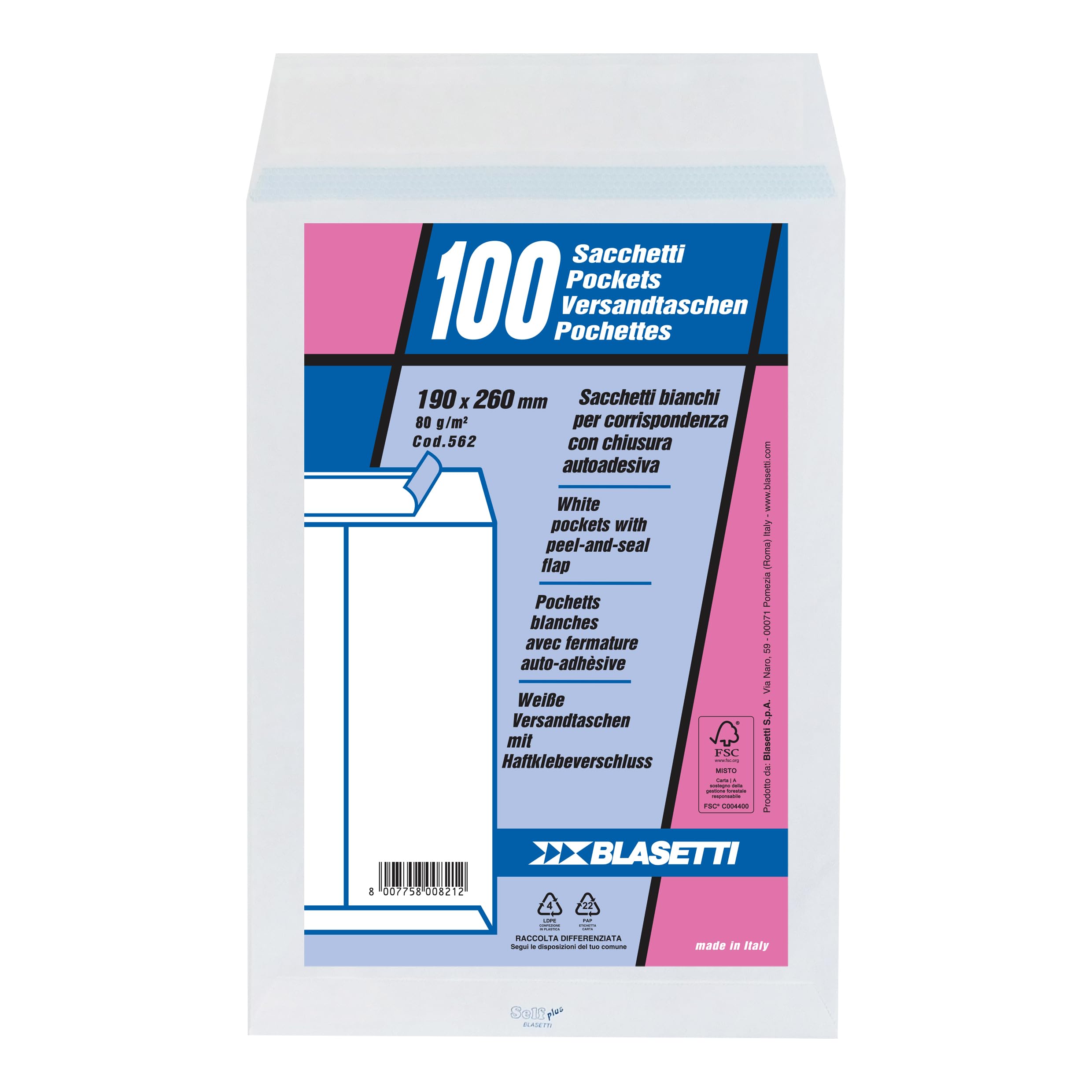 Blasetti 100 Buste a Sacco Bianche, Formato 19 x 26 cm, Carta da 80 gr con Internografia. Buste da Lettera Commerciali con Strip Adesivo, Ideali per Spedire Documenti Senza Piegature