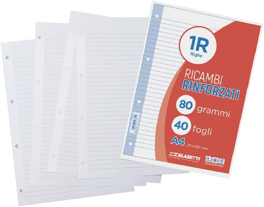 Blasetti Ricambi Rinforzati - Confezione da 40 fogli a righe formato A4, Rigatura 1R, fogli di ricambio per raccoglitori e copertine ad anelli, fogli di carta ricaricabili da 80gr