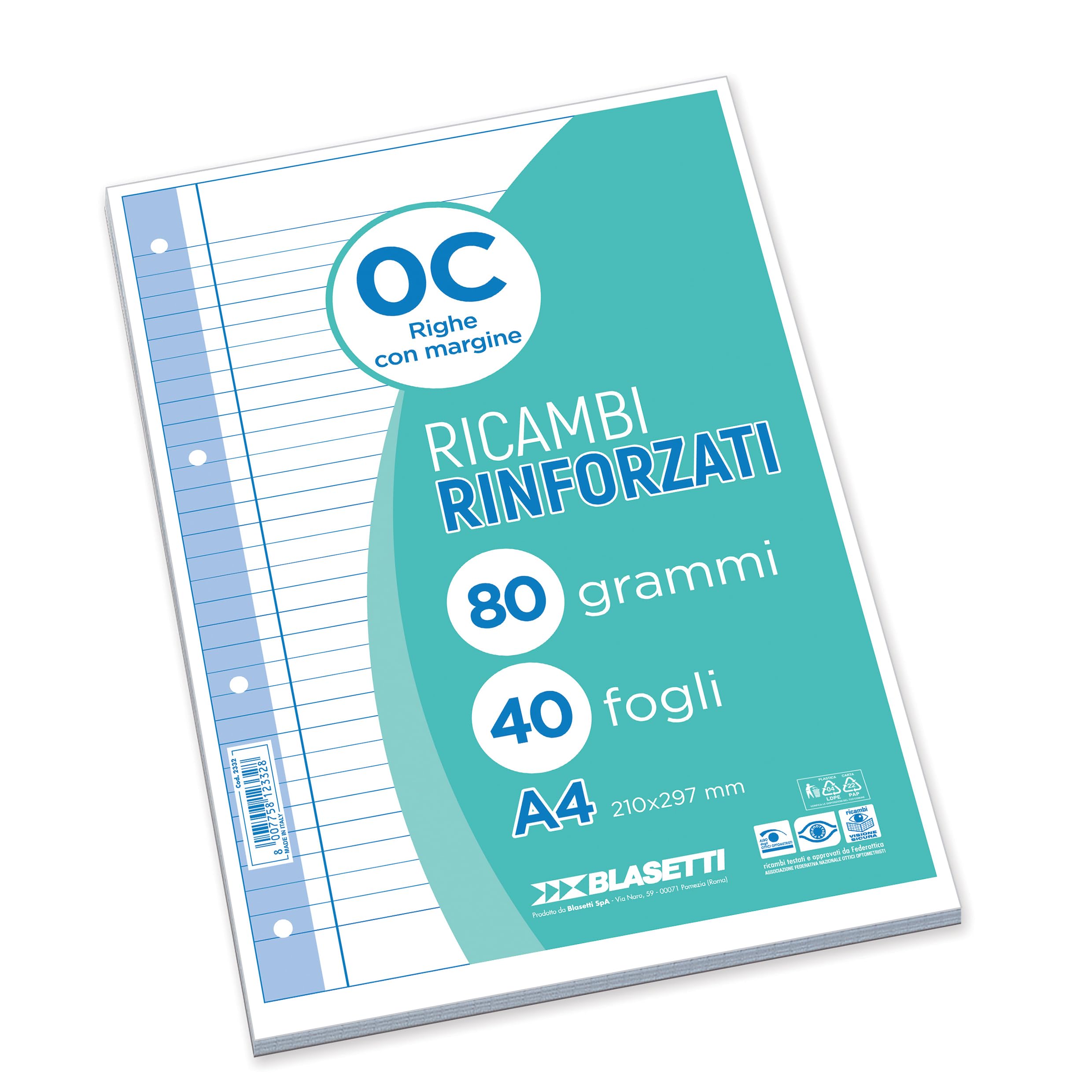 Blasetti Ricambi Rinforzati - Confezione da 40 fogli a righe formato A4, Rigatura 0C, fogli di ricambio per raccoglitori e copertine ad anelli, fogli di carta ricaricabili da 80gr