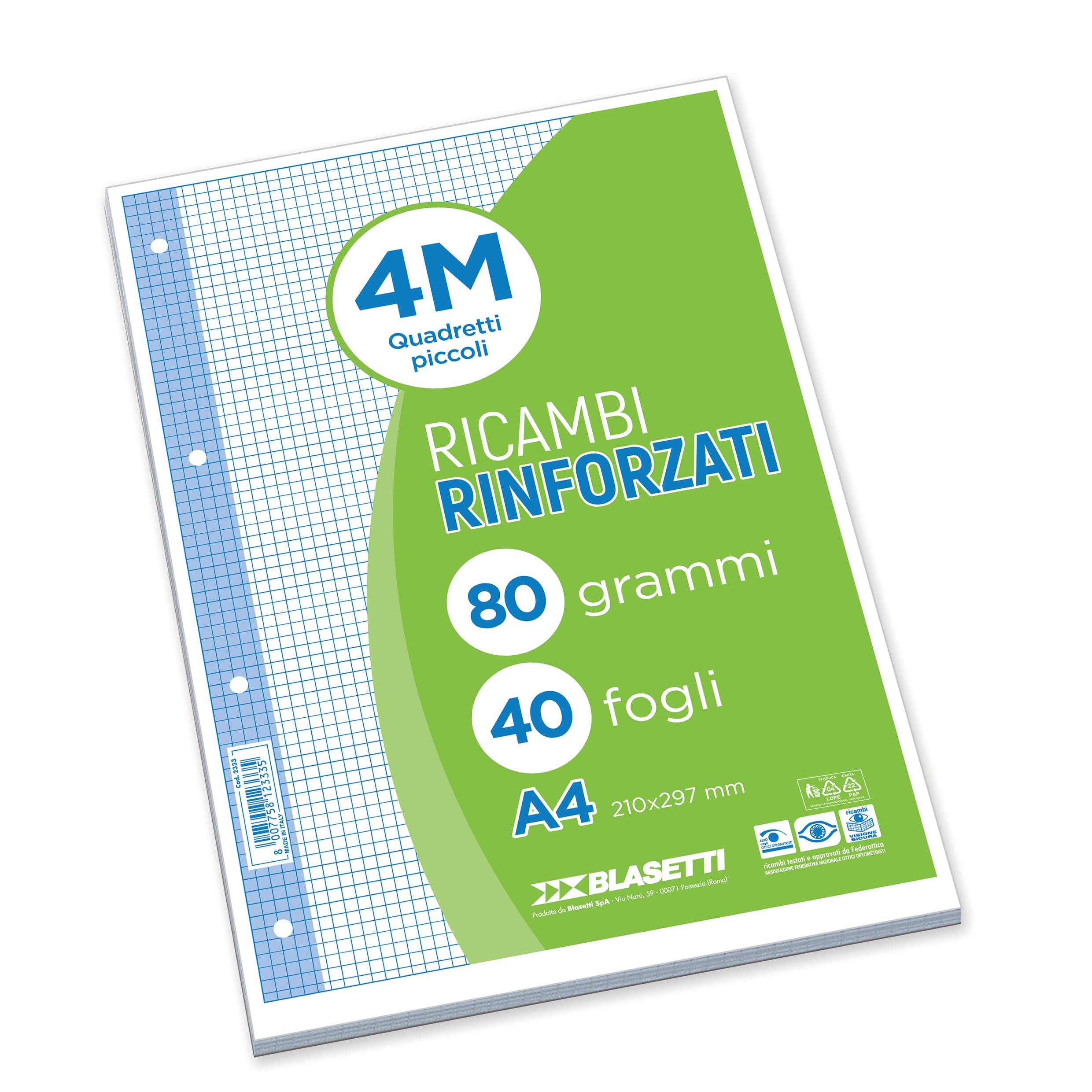Blasetti Ricambi Rinforzati - Confezione da 40 fogli a quadretti formato A4, Rigatura 4M, fogli di ricambio per raccoglitori e copertine ad anelli, fogli di carta ricaricabili da 80gr