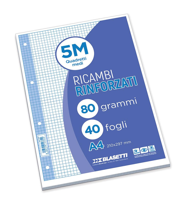 Blasetti Ricambi Rinforzati - Confezione da 40 fogli a quadretti formato A4, Rigatura 5M (5mm), fogli di ricambio per raccoglitori e copertine ad anelli, fogli di carta ricaricabili da 80gr