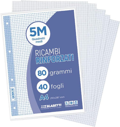 Blasetti Ricambi Rinforzati - Confezione da 40 fogli a quadretti formato A4, Rigatura 5M (5mm), fogli di ricambio per raccoglitori e copertine ad anelli, fogli di carta ricaricabili da 80gr