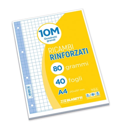 Blasetti Ricambi Rinforzati - Confezione da 40 fogli a quadretti formato A4, Rigatura 10M, fogli di ricambio per raccoglitori e copertine ad anelli, fogli di carta ricaricabili da 80gr