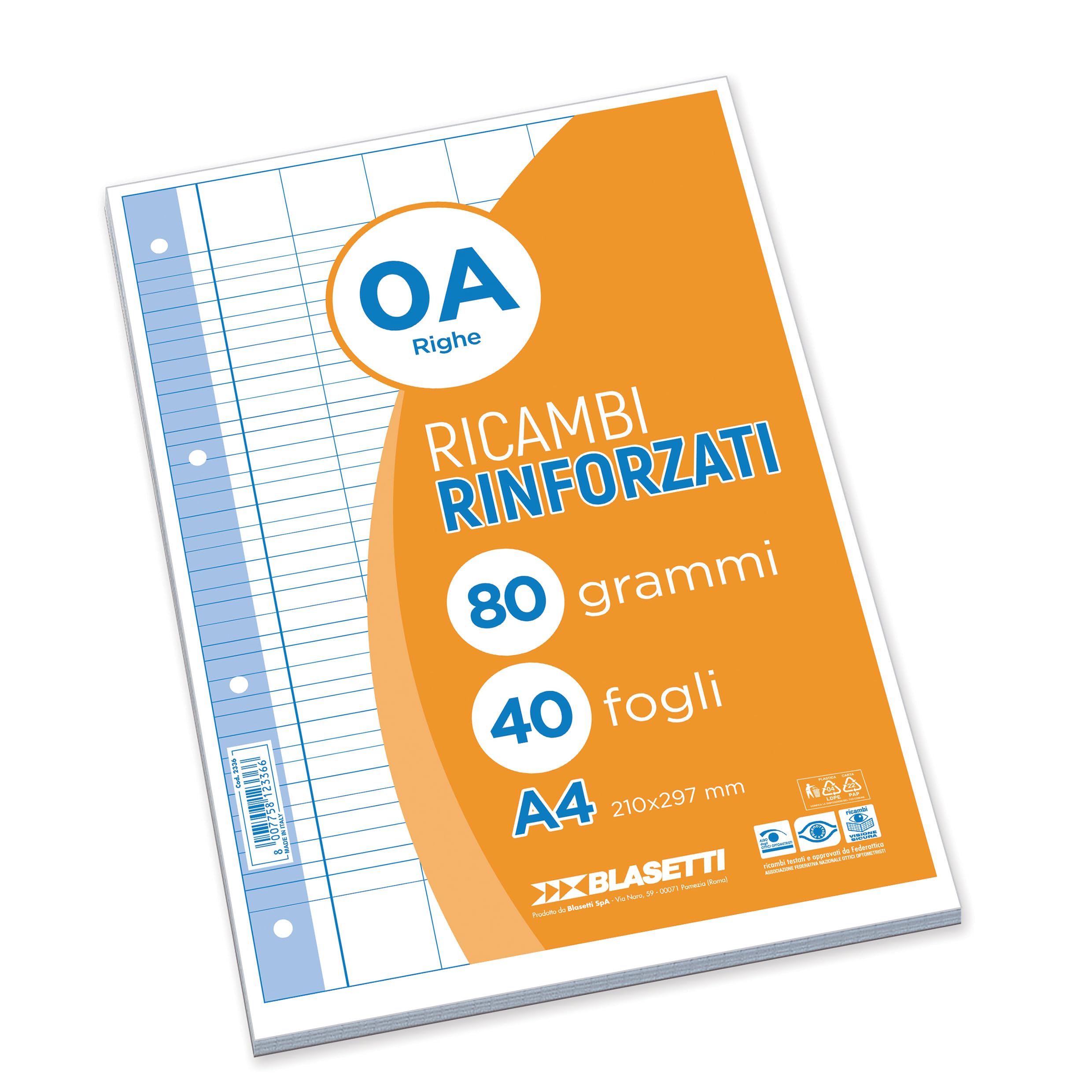 Blasetti Ricambi Rinforzati - Confezione da 40 fogli a righe formato A4, Rigatura 0A, fogli di ricambio per raccoglitori e copertine ad anelli, fogli di carta ricaricabili da 80gr