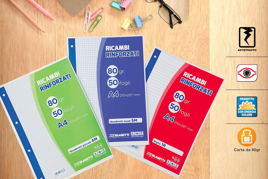 Blasetti Ricambi Rinforzati - Confezione da 40 fogli a righe formato A4, Rigatura 0B, fogli di ricambio per raccoglitori e copertine ad anelli, fogli di carta ricaricabili da 80gr