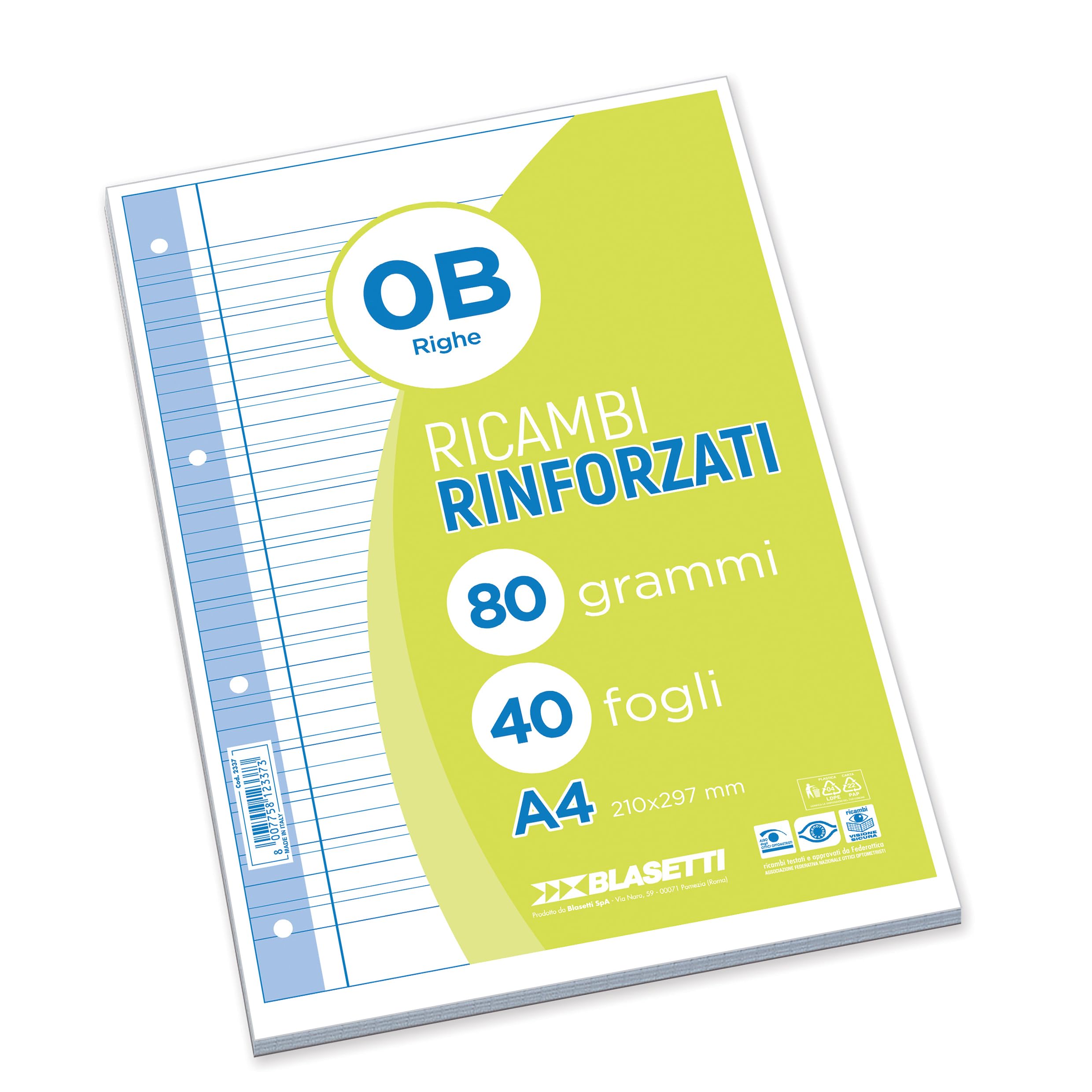 Blasetti Ricambi Rinforzati - Confezione da 40 fogli a righe formato A4, Rigatura 0B, fogli di ricambio per raccoglitori e copertine ad anelli, fogli di carta ricaricabili da 80gr
