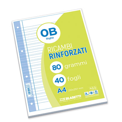Blasetti Ricambi Rinforzati - Confezione da 40 fogli a righe formato A4, Rigatura 0B, fogli di ricambio per raccoglitori e copertine ad anelli, fogli di carta ricaricabili da 80gr