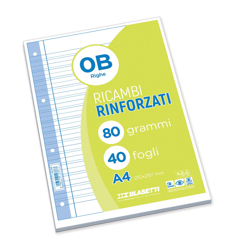 Blasetti Ricambi Rinforzati - Confezione da 40 fogli a righe formato A4, Rigatura 0B, fogli di ricambio per raccoglitori e copertine ad anelli, fogli di carta ricaricabili da 80gr