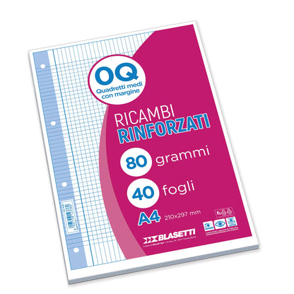 Blasetti Ricambi Rinforzati - Confezione da 40 fogli a quadretti formato A4, Rigatura 0Q, fogli di ricambio per raccoglitori e copertine ad anelli, fogli di carta ricaricabili da 80gr