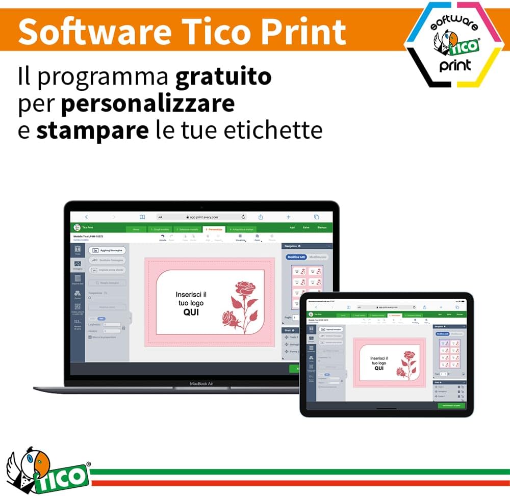 Tico Italia LP4W-7037 Etichette adesive bianche multiuso, 100 fogli A4, rettangolari 70x37mm, 24 etichette per foglio, adesivo permanente, stampanti laser e inkjet
