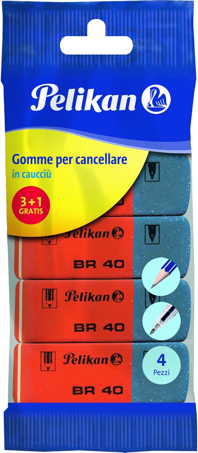 Pelikan Gomme da Cancellare BR40, Gomma Bianca per Matita, Pastelli, Inchiostro e Penne a Sfera, Adatta per Disegno Tecnico Artistico e Uso Scolastico, Confezione da 4 Pezzi