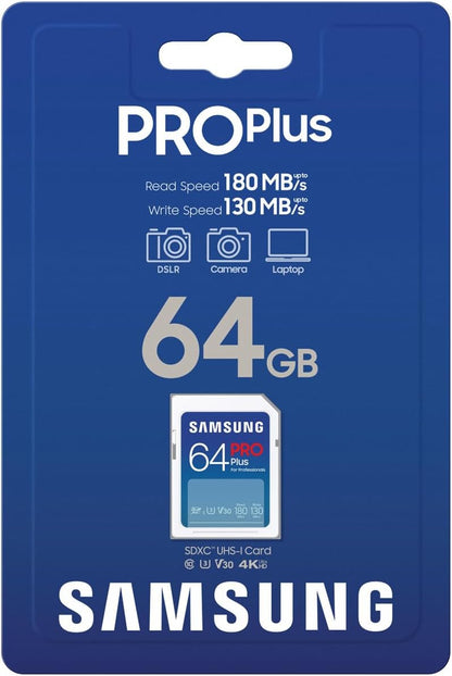 Samsung Memorie PRO Plus Scheda SD per Fotografia da 64 GB, UHS-I U3, Fino a 180 MB/s (MB-SD64S/EU