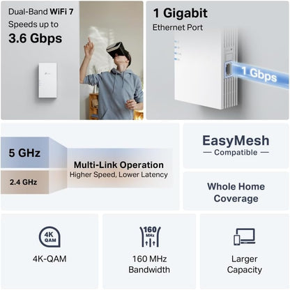 TP-Link RE220BE BE3600 WiFi Extender Booster,WiFi 7 Dual Band WiFi Booster with Ethernet Port,WiFi Extender with MLO/4K-QAM/Roaming,EasyMesh Internet Booster,APP control,Plug and Play