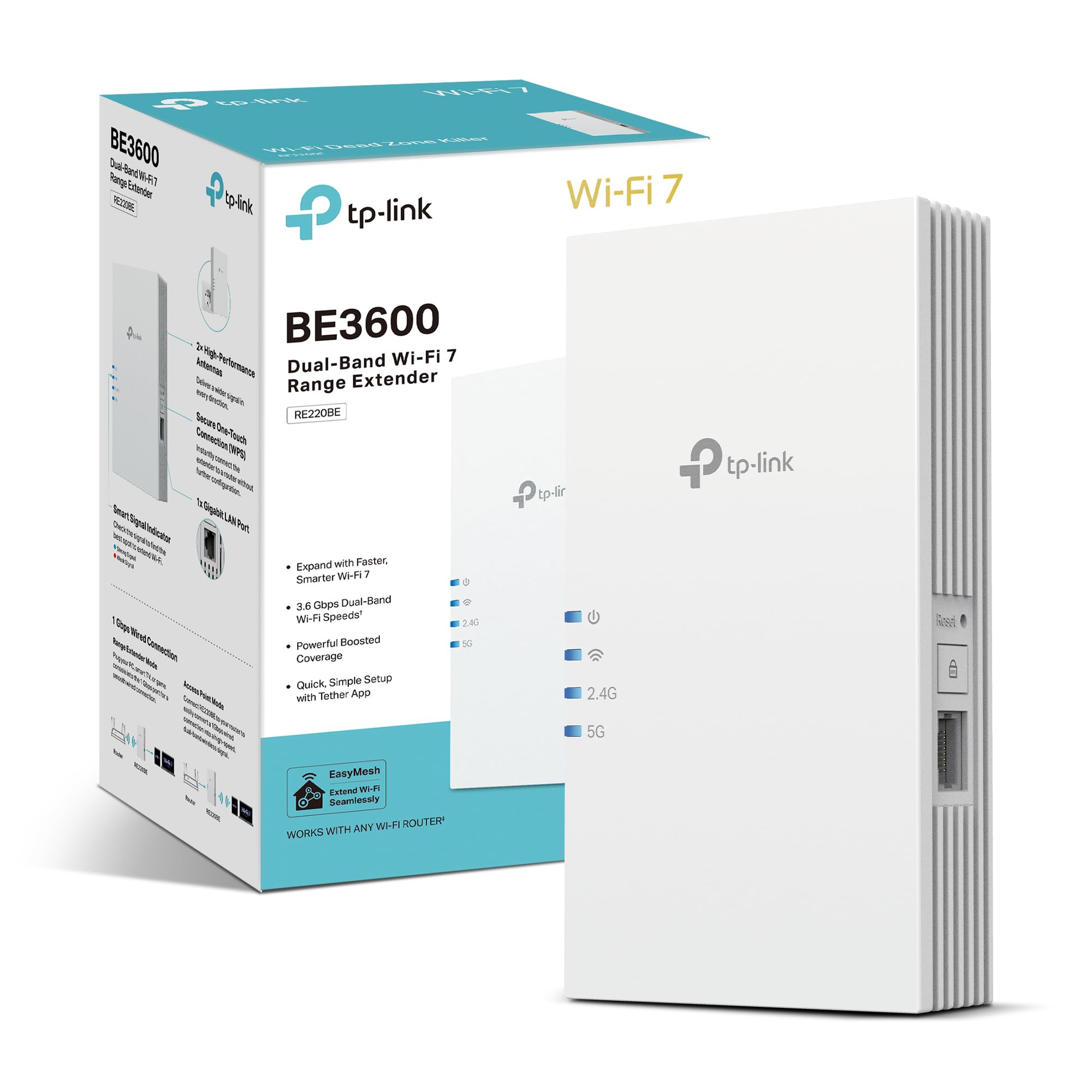 TP-Link RE220BE BE3600 WiFi Extender Booster,WiFi 7 Dual Band WiFi Booster with Ethernet Port,WiFi Extender with MLO/4K-QAM/Roaming,EasyMesh Internet Booster,APP control,Plug and Play