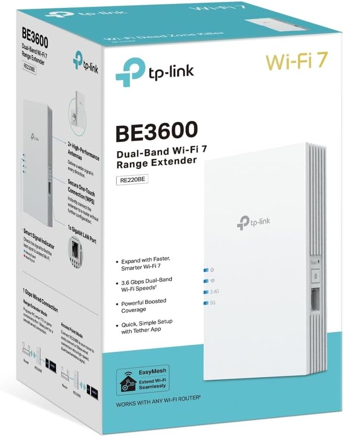 TP-Link RE220BE BE3600 WiFi Extender Booster,WiFi 7 Dual Band WiFi Booster with Ethernet Port,WiFi Extender with MLO/4K-QAM/Roaming,EasyMesh Internet Booster,APP control,Plug and Play