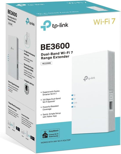 TP-Link RE220BE BE3600 WiFi Extender Booster,WiFi 7 Dual Band WiFi Booster with Ethernet Port,WiFi Extender with MLO/4K-QAM/Roaming,EasyMesh Internet Booster,APP control,Plug and Play