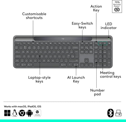 Logitech Signature Slim Solar+ K980 for Business, Wireless Keyboard, Quiet Typing, Secure Receiver, Bluetooth, Windows, Mac - Graphite - QWERTY