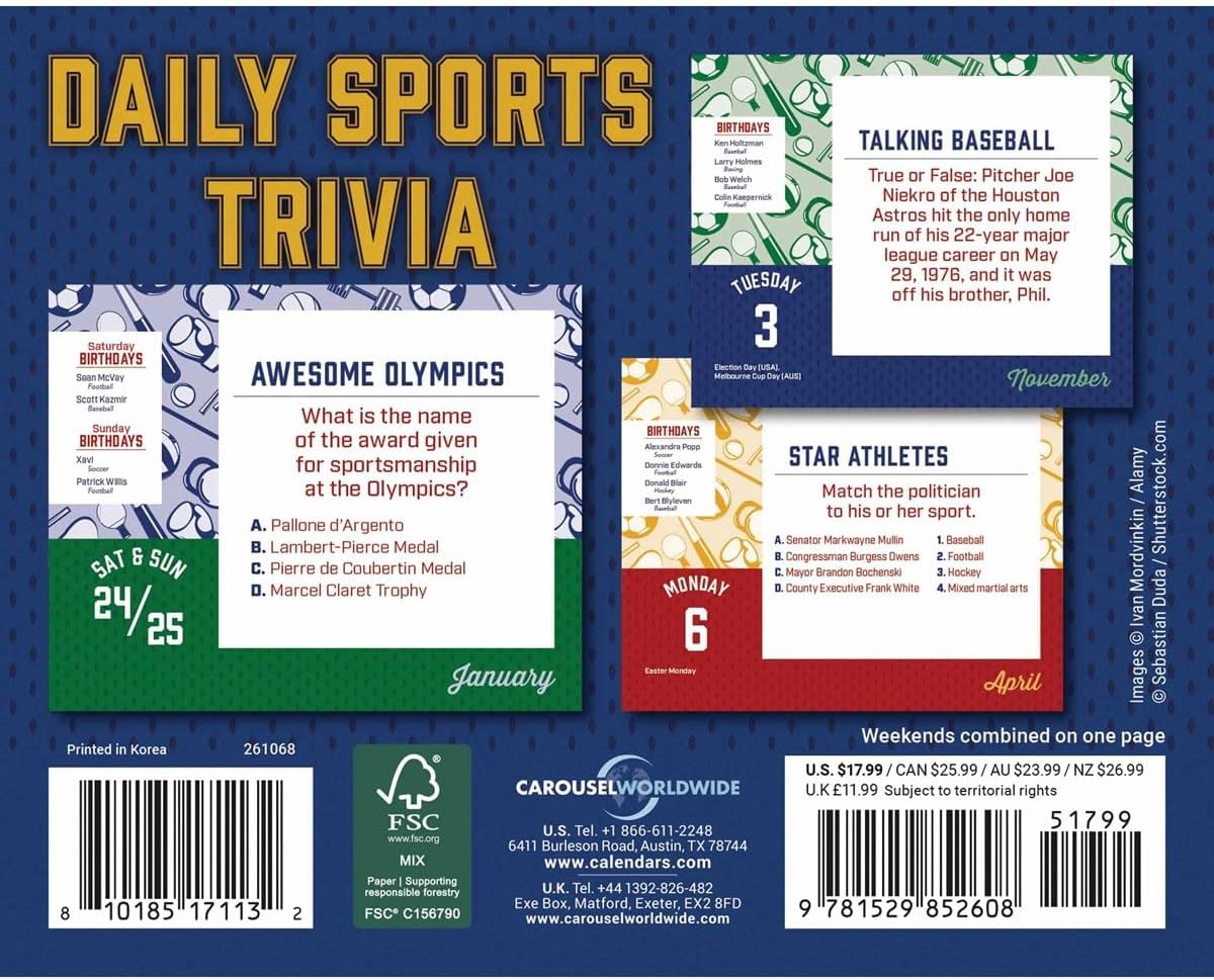 Daily Sports Trivia Box Calendar 2026