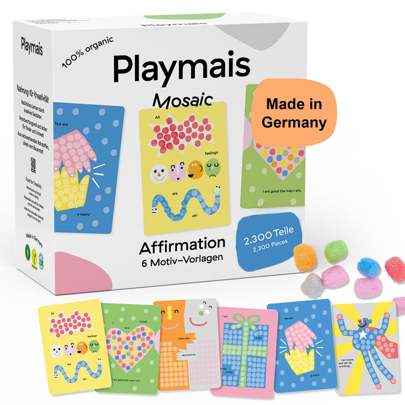 Playmais Mosaic Affirmation Cards 2300 delen, knutselset, natuurlijk speelgoed, inclusief sponsjes, 6 motiefsjablonen, veganistisch, verantwoordelijk en veilig voor kinderen en milieu, vanaf 3 jaar