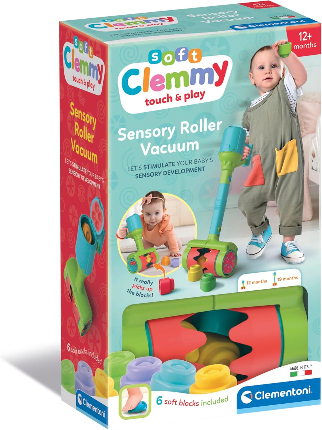 Clementoni Soft Clemmy Stofzuiger - 6 Baby Blokken - Zachte en Veilige Stapelblokken - Motoriek Speelgoed - Verstelbare Hoogte - Voor Kinderen van 1 en 2 Jaar