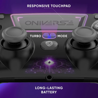 Oniverse Draadloze controller voor PS4, PS3, PC ANDROID iOS, hoofdtelefoonaansluiting, Hall-effect joystick, oplaadbare 1000 mAh-batterij, macrotoetsen, wake-up-functie, 6-assige gyroscoop, Revolt