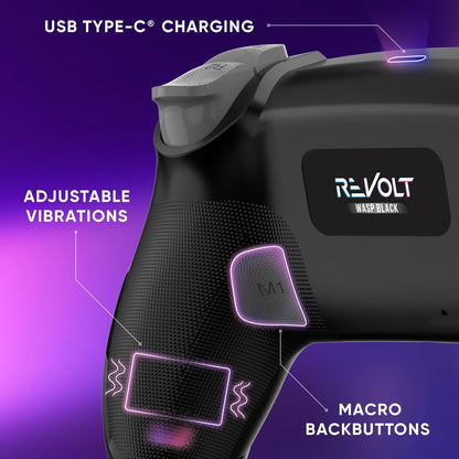 Oniverse Draadloze controller voor PS4, PS3, PC ANDROID iOS, hoofdtelefoonaansluiting, Hall-effect joystick, oplaadbare 1000 mAh-batterij, macrotoetsen, wake-up-functie, 6-assige gyroscoop, Revolt
