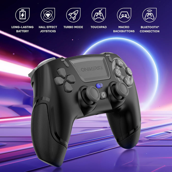 Oniverse Draadloze controller voor PS4, PS3, PC ANDROID iOS, hoofdtelefoonaansluiting, Hall-effect joystick, oplaadbare 1000 mAh-batterij, macrotoetsen, wake-up-functie, 6-assige gyroscoop, Revolt