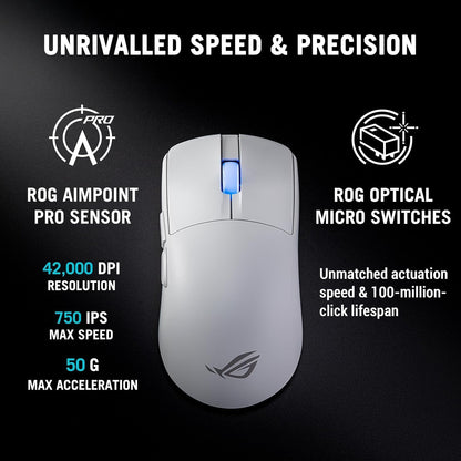 ASUS ROG Harpe II Ace, Mouse Gaming Wireless, Sensore Ottico AimPoint Pro 42K, Polling 8K, Tasti Ottici, 5 Pulsanti Programmabili, Progettato per Giochi FPS, Solo 48 g di Peso, Simmetrico, Bianco