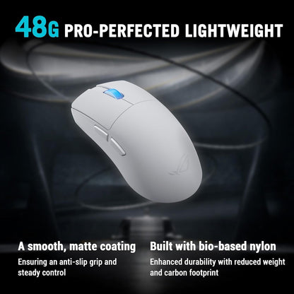 ASUS ROG Harpe II Ace, Mouse Gaming Wireless, Sensore Ottico AimPoint Pro 42K, Polling 8K, Tasti Ottici, 5 Pulsanti Programmabili, Progettato per Giochi FPS, Solo 48 g di Peso, Simmetrico, Bianco