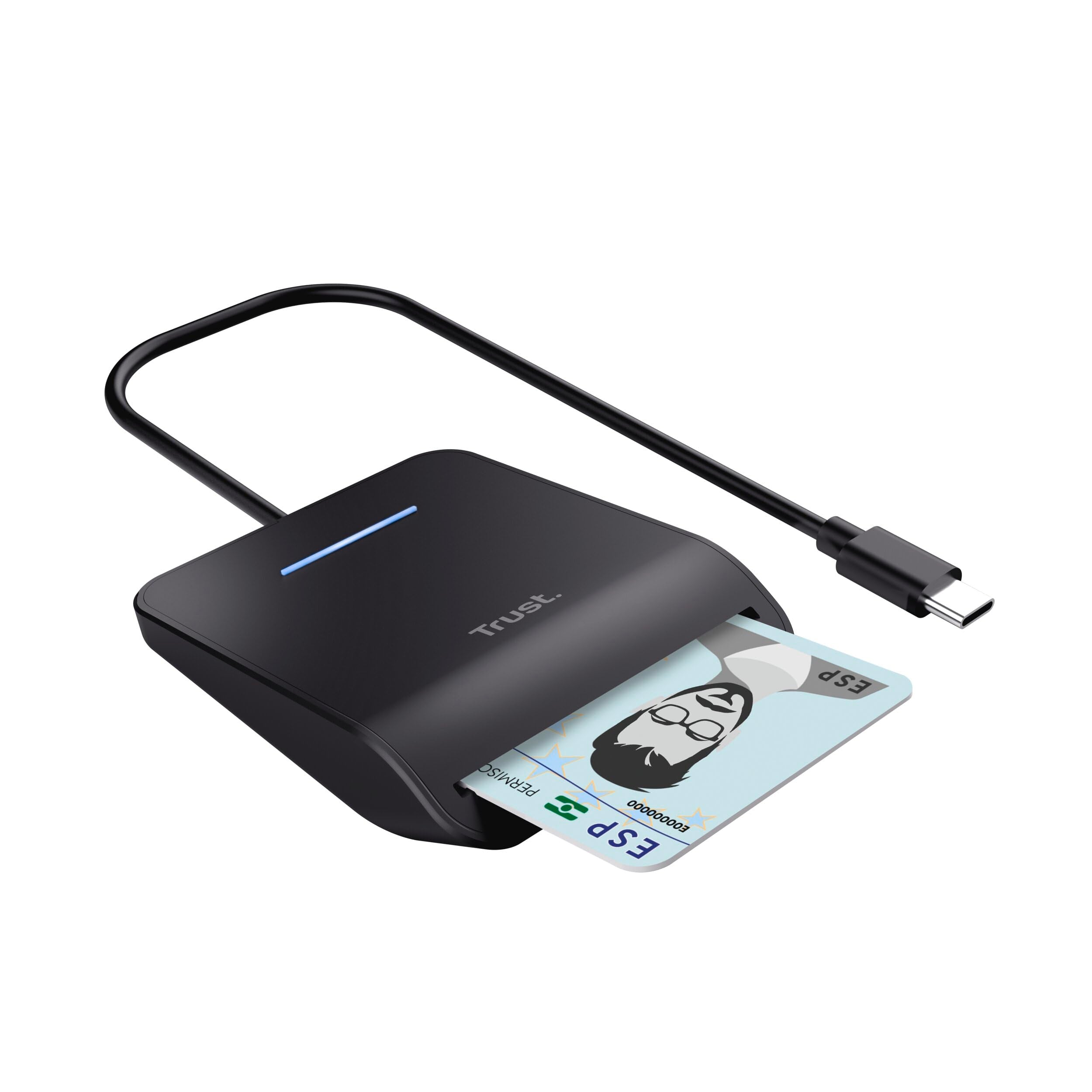 Trust Primo USB-C Smart ID Card Reader DNI, FIPS 201 / TAA and ISO 7816 Class A/B/C Compliant, 100cm Cable, Secure Login, USB Card Reader Compatible with Windows/Mac, Personal Identification