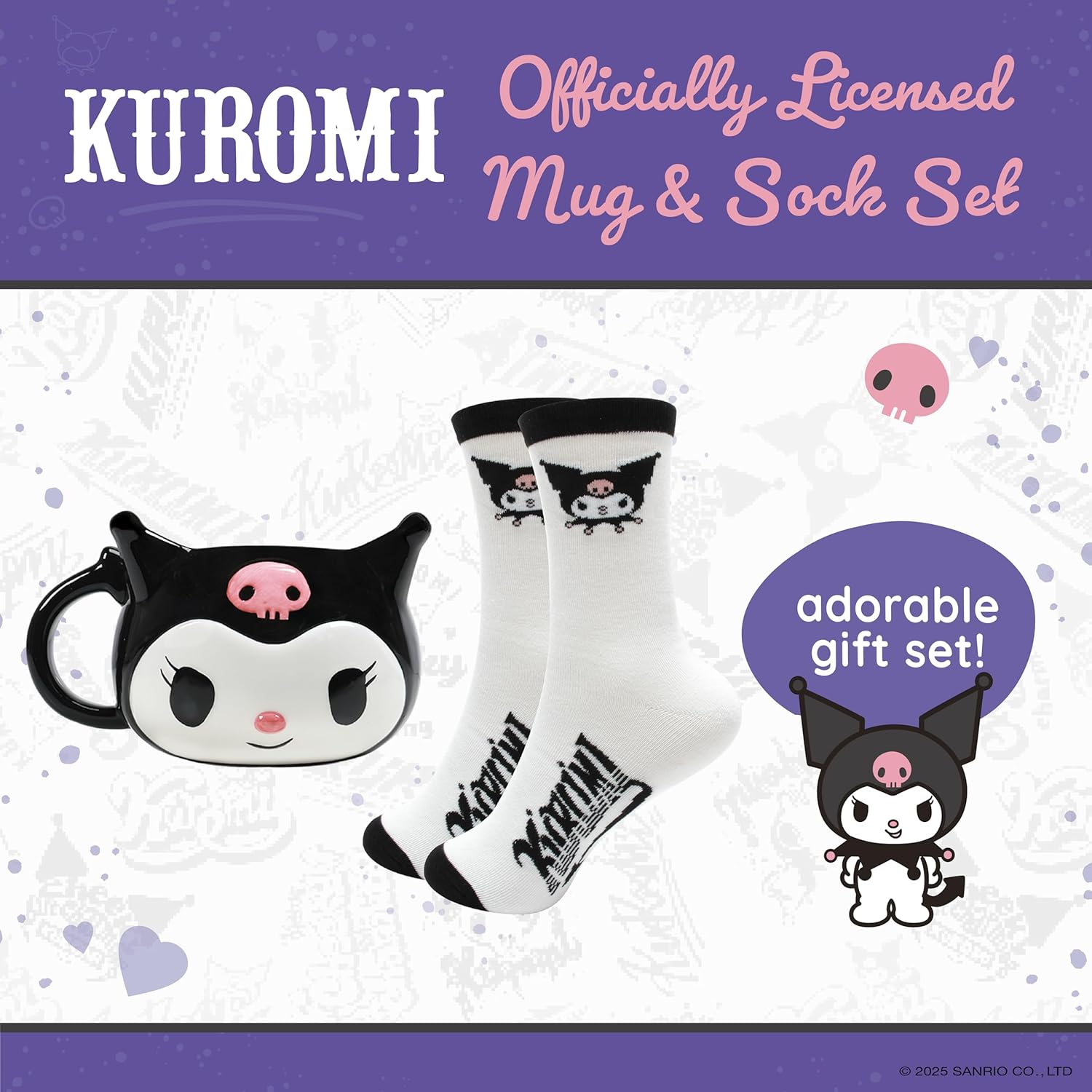 Blue Sky Studios Kuromi 3D Mug & Sock Set, 350 ml Porcelain Mug, Size 4-7 Kawaii Socks, Gift Set for Girls, Hello Kitty & Friends