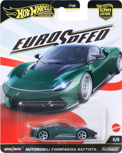 Hot Wheels Premium Car Culture verzamelbare speelgoedauto, schaal 1:64 gegoten Pininfarina Battista, Eurospeed voertuig met Real Riders banden