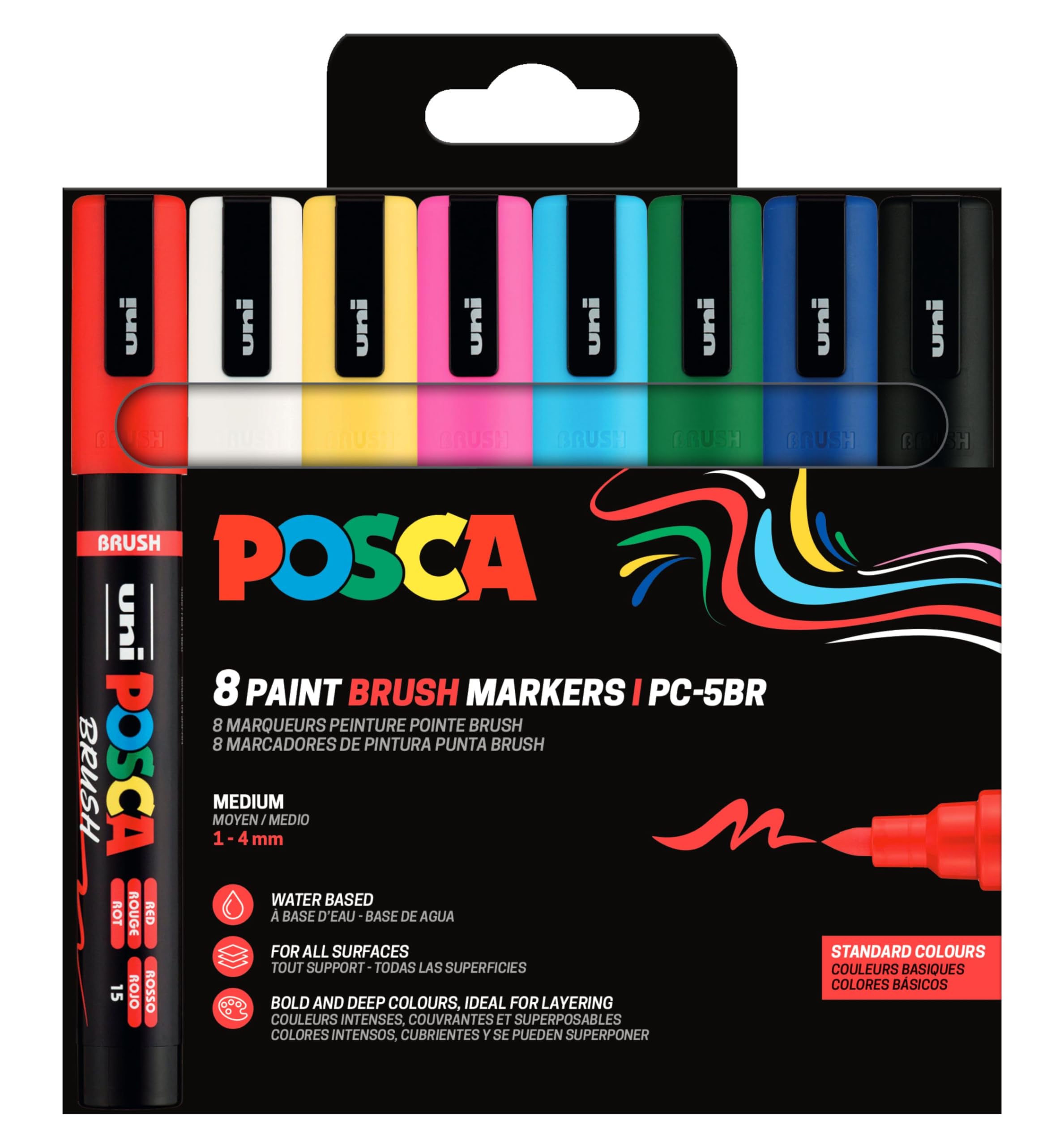 POSCA 184058 - Set di pennarelli a pennello POSCA, 8 marcatori acrilici con punta a pennello, pennarelli PC-5BR adatti a quasi tutte le superfici