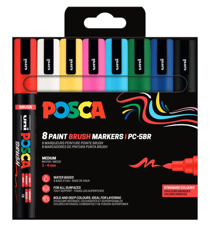 POSCA 184058 - Set di pennarelli a pennello POSCA, 8 marcatori acrilici con punta a pennello, pennarelli PC-5BR adatti a quasi tutte le superfici