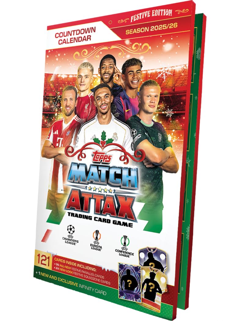Topps UCC Match Attax 2025/26 - Countdown Calendar - 121 Match Attax cards including 96 all-new festive parallels, 24 new-look Festive Squadzone cards and 1 guaranteed Infinity card!