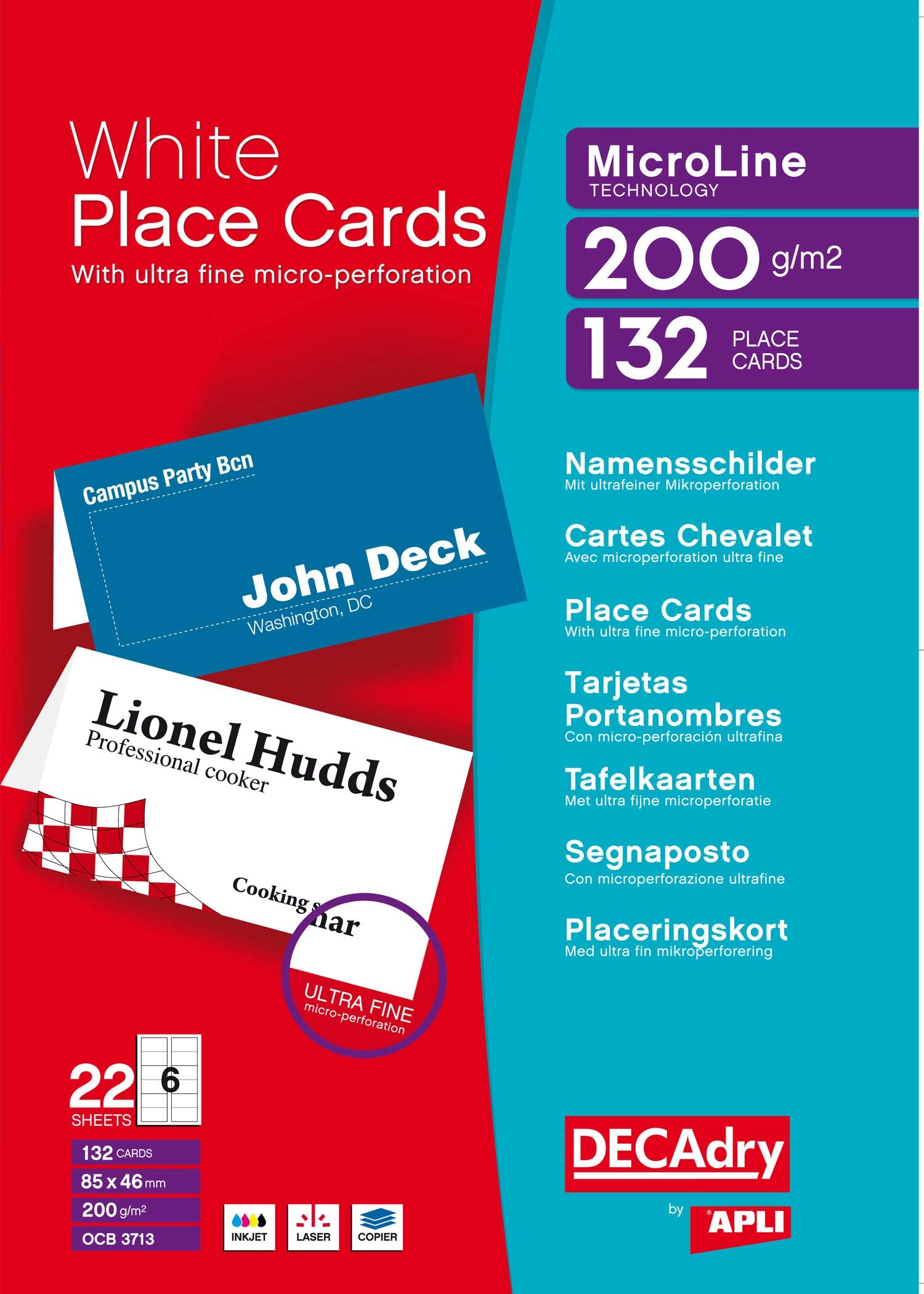 DECAdry Place Cards for Folding 200gsm 6 per A4 Sheet 85x46mm when Folded - Ref OCB3713-3 (Pack of 1(132 Cards