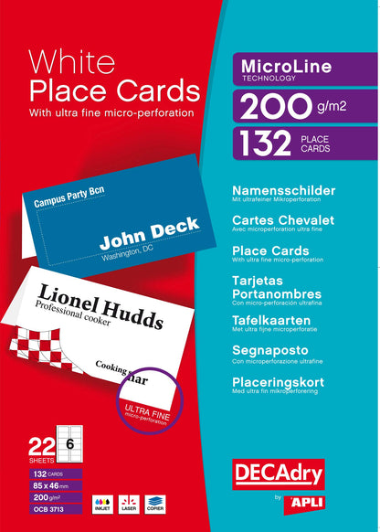 DECAdry Place Cards for Folding 200gsm 6 per A4 Sheet 85x46mm when Folded - Ref OCB3713-3 (Pack of 1(132 Cards