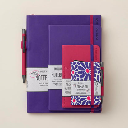 IF Bookaroo Notebook - A7 Pocket and Handbag size Notebook plus Black Ballpoint Pen, 192 pages - Pink & Purple - Daisy