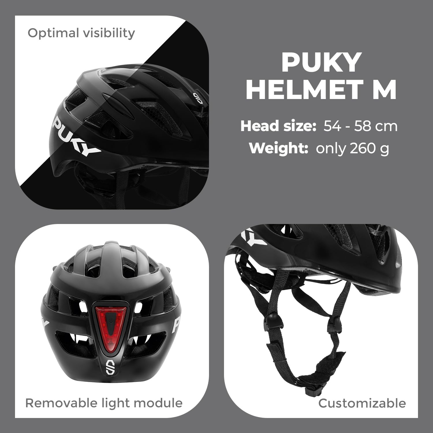 Puky Helm, kinderfietshelm 48-55 cm, lichtgewicht 220 g, maximale bescherming en ventilatie, 360° zichtbaarheid door lichtmodule, ideaal voor veiligheid en comfort op de fiets