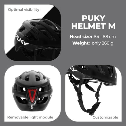 Puky Helm, kinderfietshelm 48-55 cm, lichtgewicht 220 g, maximale bescherming en ventilatie, 360° zichtbaarheid door lichtmodule, ideaal voor veiligheid en comfort op de fiets